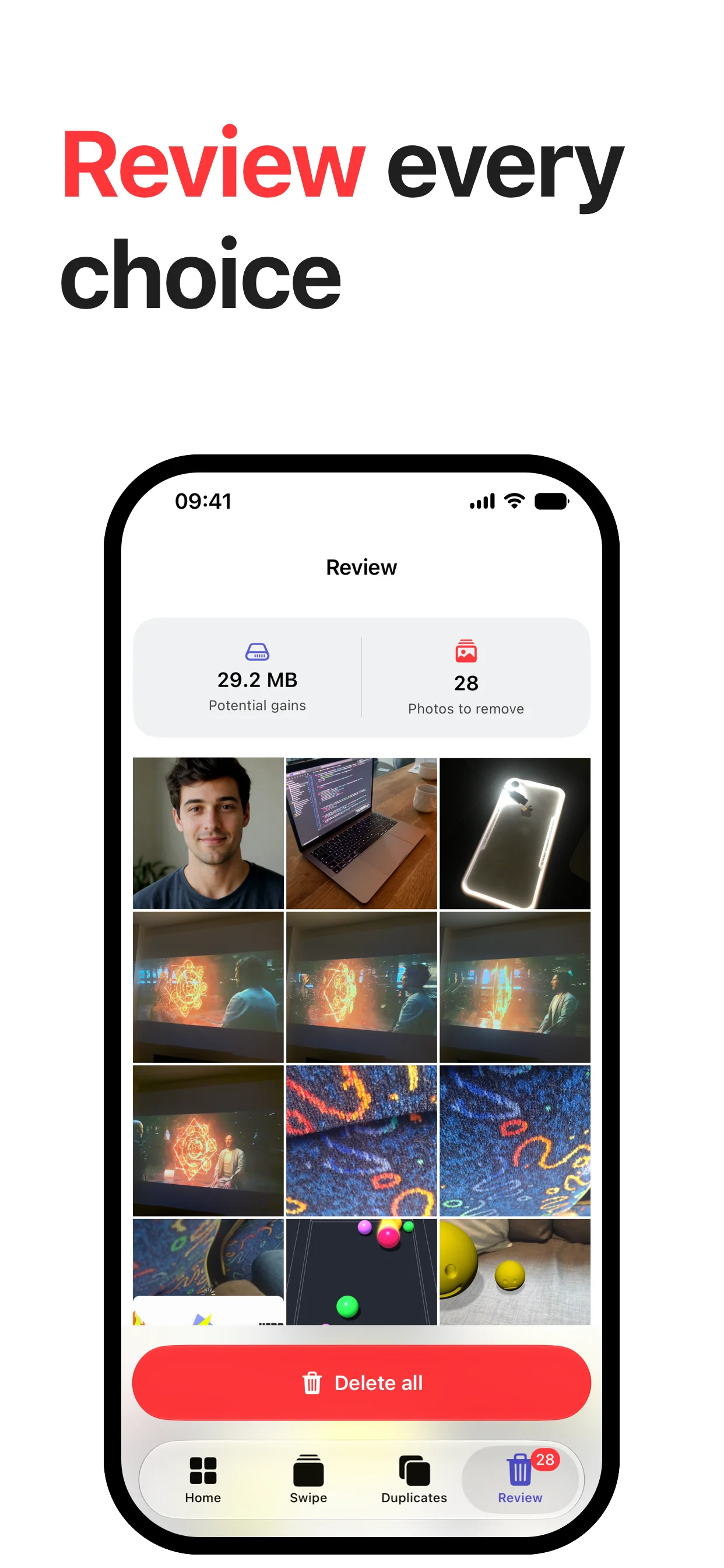 ClusterSwipe review screen with selected photos