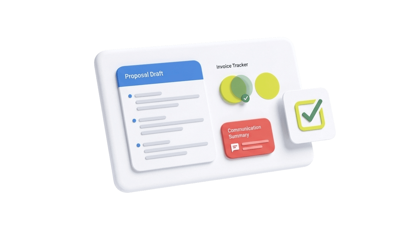 Illustrated mockup of an AI-powered professional services dashboard
