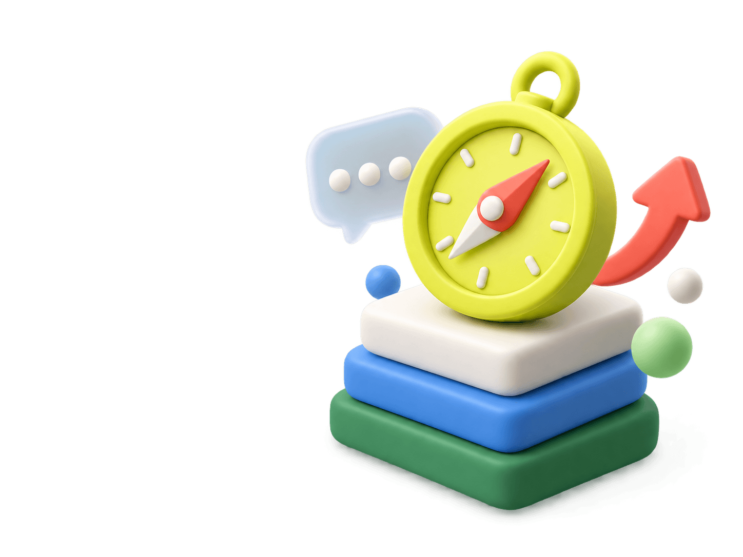 3D illustration of a yellow compass on a stack of blocks with a rising arrow and a chat bubble